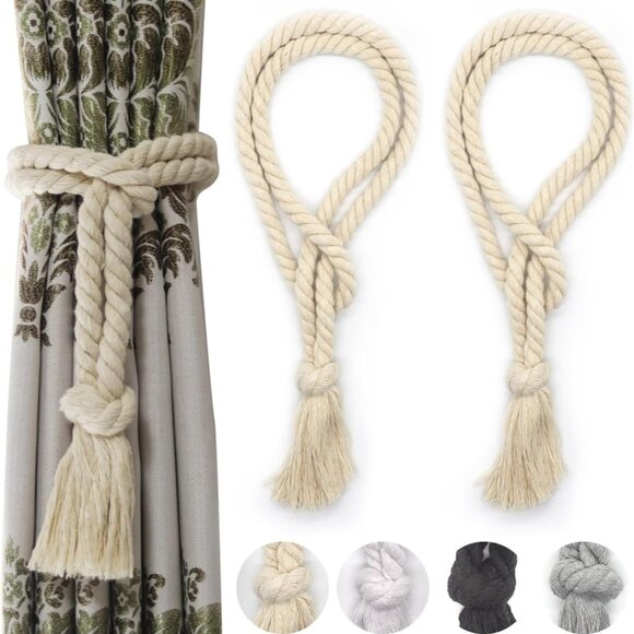 2 Pack Curtain Tiebacks Rope, Outdoor Curtain Tiebacks, Natural Cotton Curtain T - Picture 1 of 6